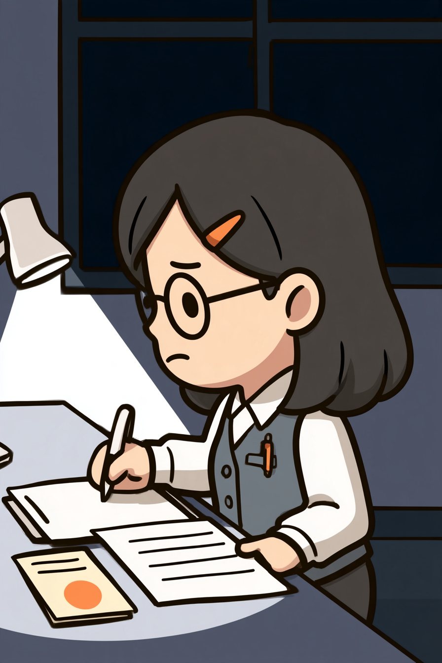 夜の総務の机。机の灯りの下で、浜野がさっきの冊子と、印刷した国の資料を並べ、ペンで線を引く。窓の外は平らな紺。少し左を向いた顔。