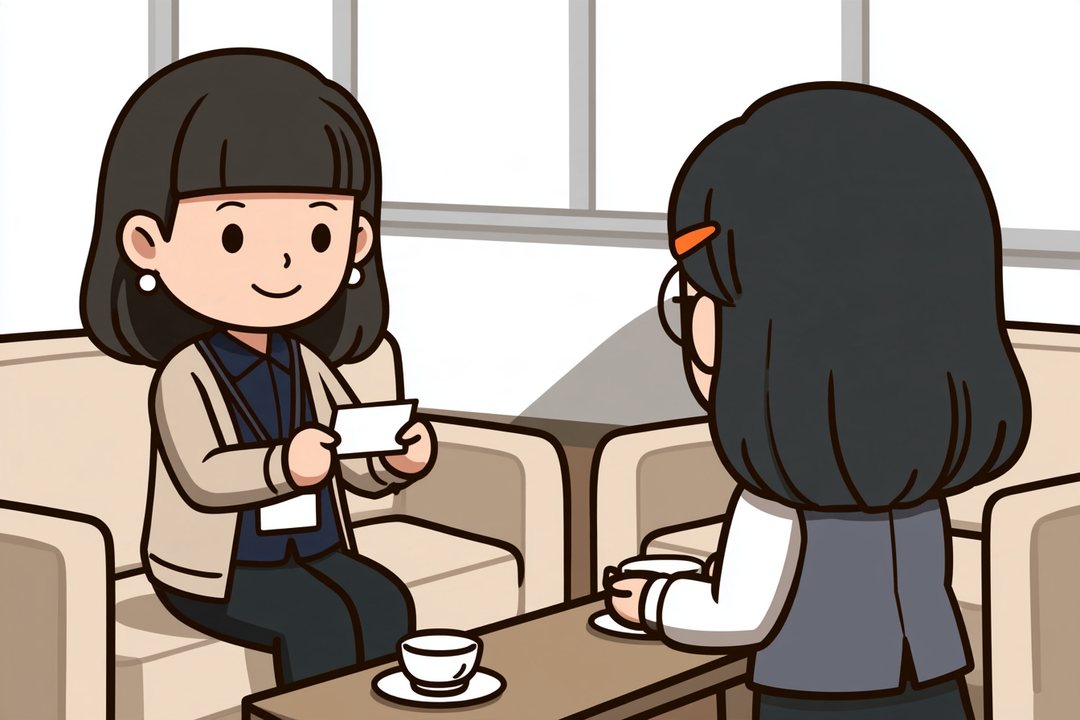 応接室。ソファの左に座った30代後半の女性が、名刺を両手で持って差し出す。右の手前に、後ろ姿の浜野が座り、湯のみの横に手を置く。浜野の肩越しの角度。