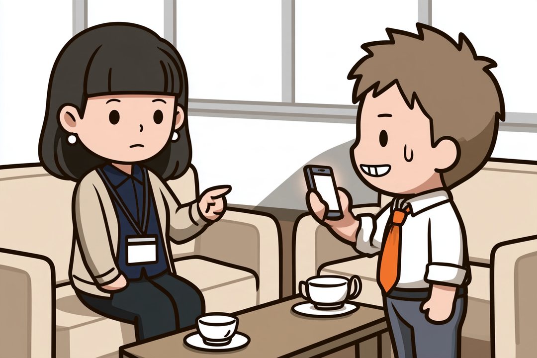 立花が、汗をかいた笑顔でスマホを顔の横に掲げる（画面は光るだけ）。左のソファから椎名が、スマホを指さして見る。