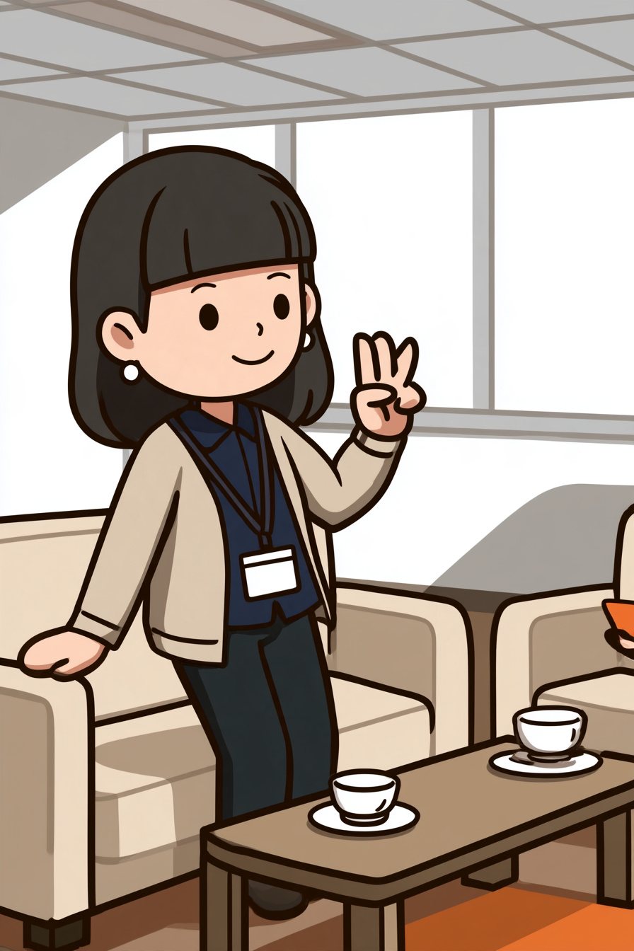 椎名がソファに手を添えて立ち上がり、右の浜野と立花に向けて指を3本立てる。やわらかい笑顔。下から見上げる角度。窓からの白い光。
