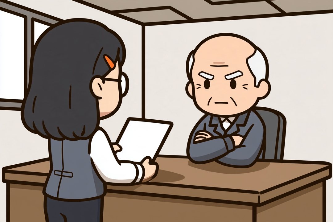 社長室。大きな机の向こうで、社長が腕を組んでふんぞり返り、眉を寄せる。机の前に、浜野が1枚の紙を両手で差し出して立つ。浜野の後ろからの角度。