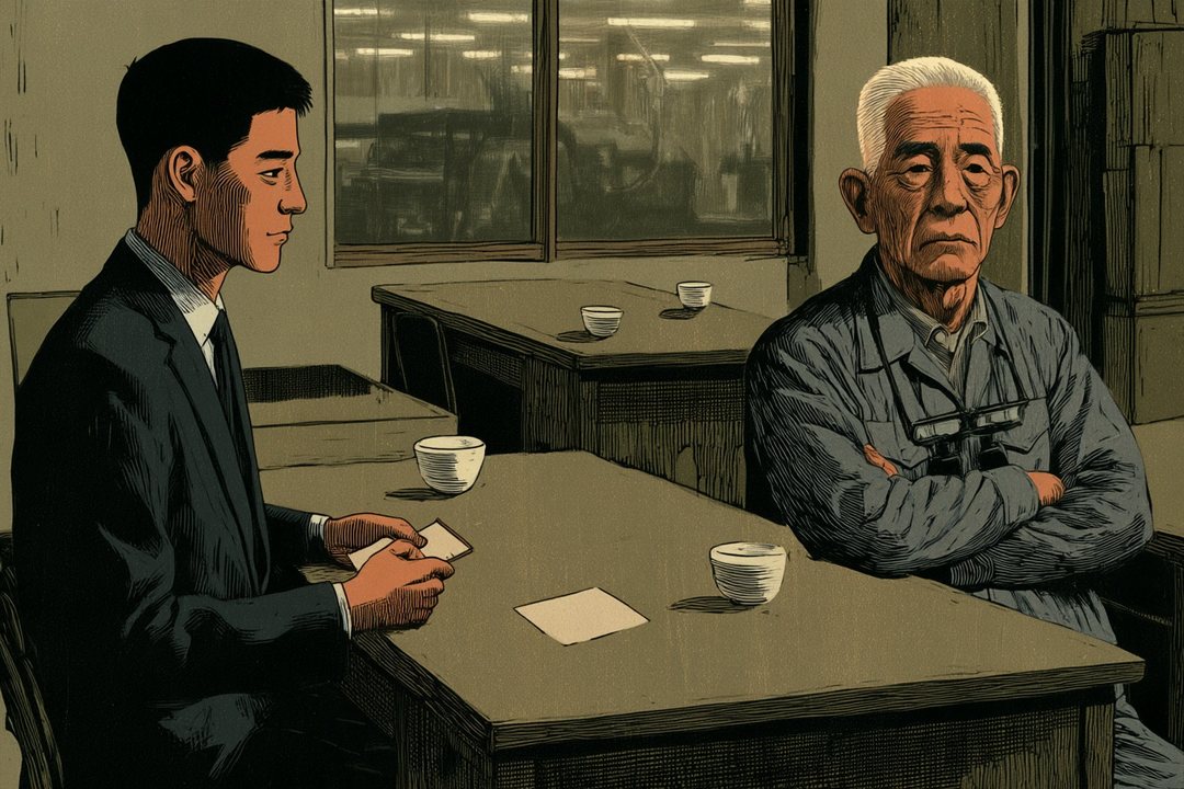 事務所の応接の机。左で、早瀬が名刺を手に座る。右で、修造が腕を組んで向かいに座る。机の上に白い名刺が1枚（字は無い）と湯のみ。