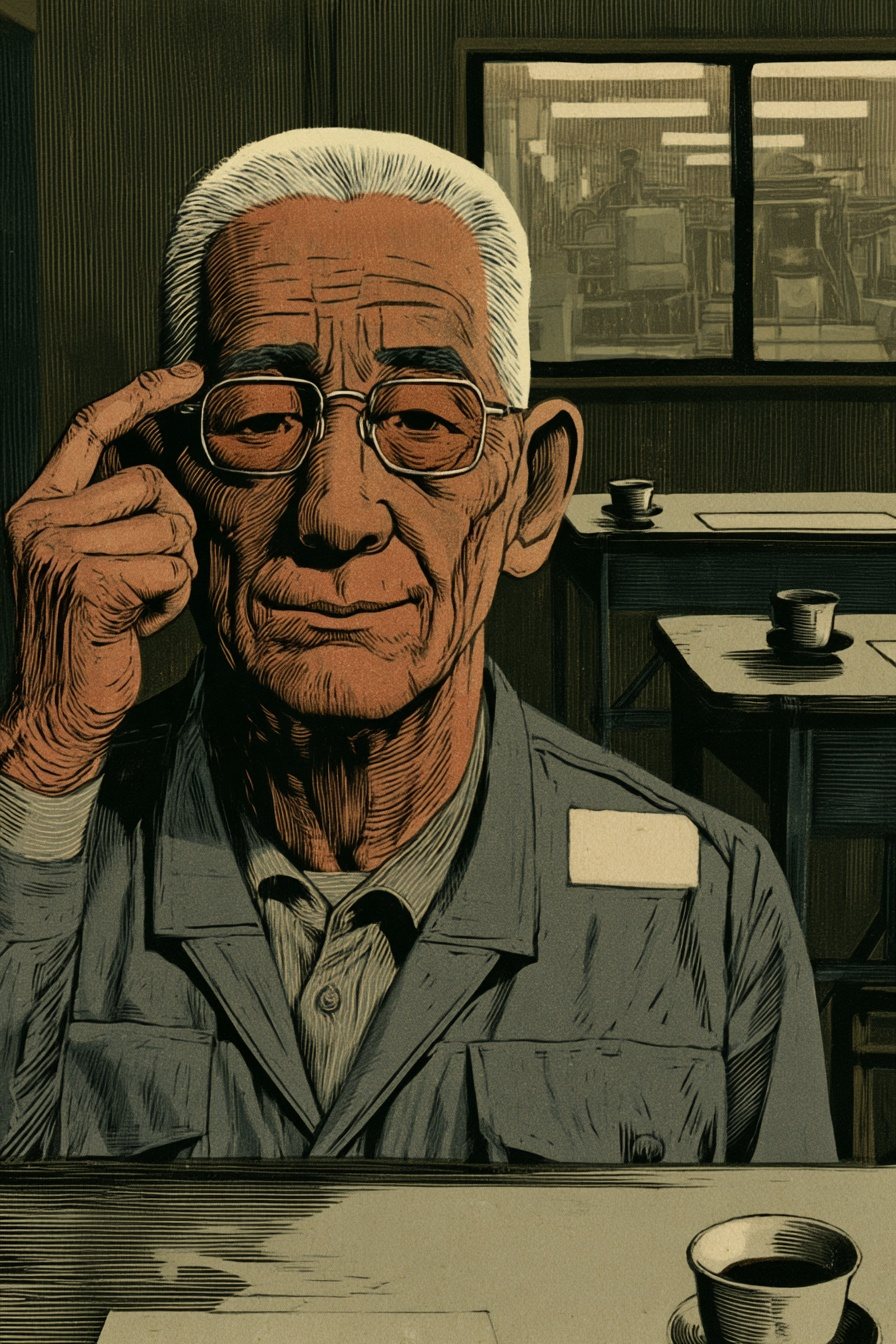 修造の寄り。自分のこめかみを人差し指で指す。手前の机の上には湯のみだけで、書類は1枚も無い。
