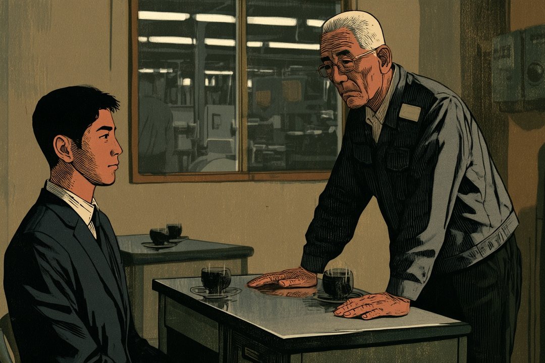 立ち上がって机に両手をつく修造(右)。向かいの早瀬(左)は座ったまま、まっすぐ見返す。机の上に湯のみ。
