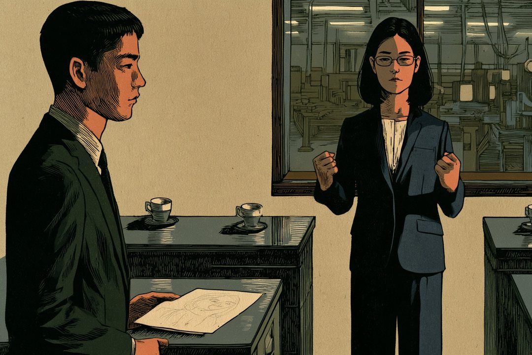 事務所。左で、早瀬が描いた紙を机に置いたまま、遥の方を向く。右で、遥が窓の外の現場（旋盤と職人たち）を背に、両手を握って立つ。