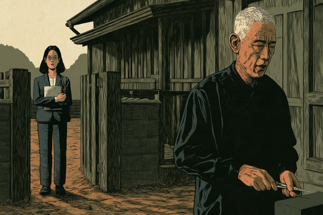 家の前。右で、岩城が刃物を手にしたまま、遥を見ずに目を伏せて低く言う。左の門の内側で、遥がノートを胸に抱えて立ち尽くす。