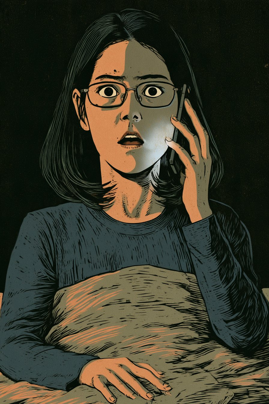 夜中の暗い部屋。布団から身を起こした遥が、スマホを耳に当て、目を見開く。スマホの画面の光がかすかに頬に当たる。
