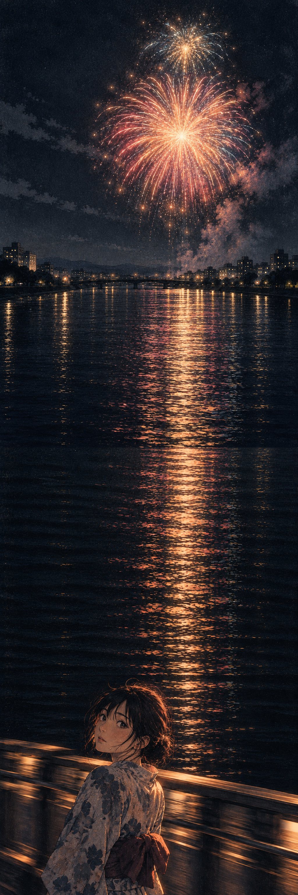 縦に長い古い写真。上に夜空と、大きく開いた花火とその奥に小さく開いた花火が縦に重なる。真ん中に灯りの映る暗い川。下に、橋の欄干の前で振り向く若い女性。手前の欄干だけが横に流れてぶれている。フィルムの粒子。