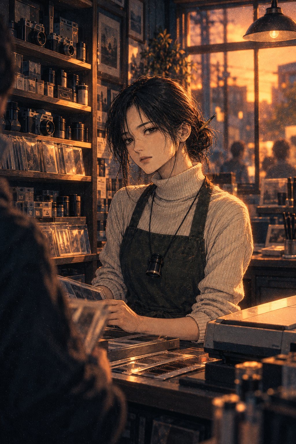 古い小さな写真店の中。棚にネガの袋と古いカメラ、カウンターにフィルムを読み取る機械。首にルーペを下げた若い女性の店主が、カウンターの奥で顔を上げる。夕方の窓の光。