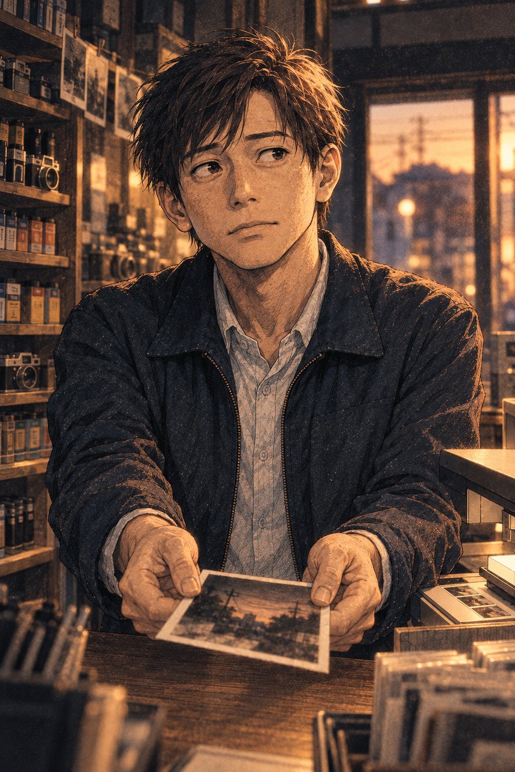カウンターの前に立つ、紺のジャケットの若い男性。古い写真を両手で差し出し、少し緊張した顔。