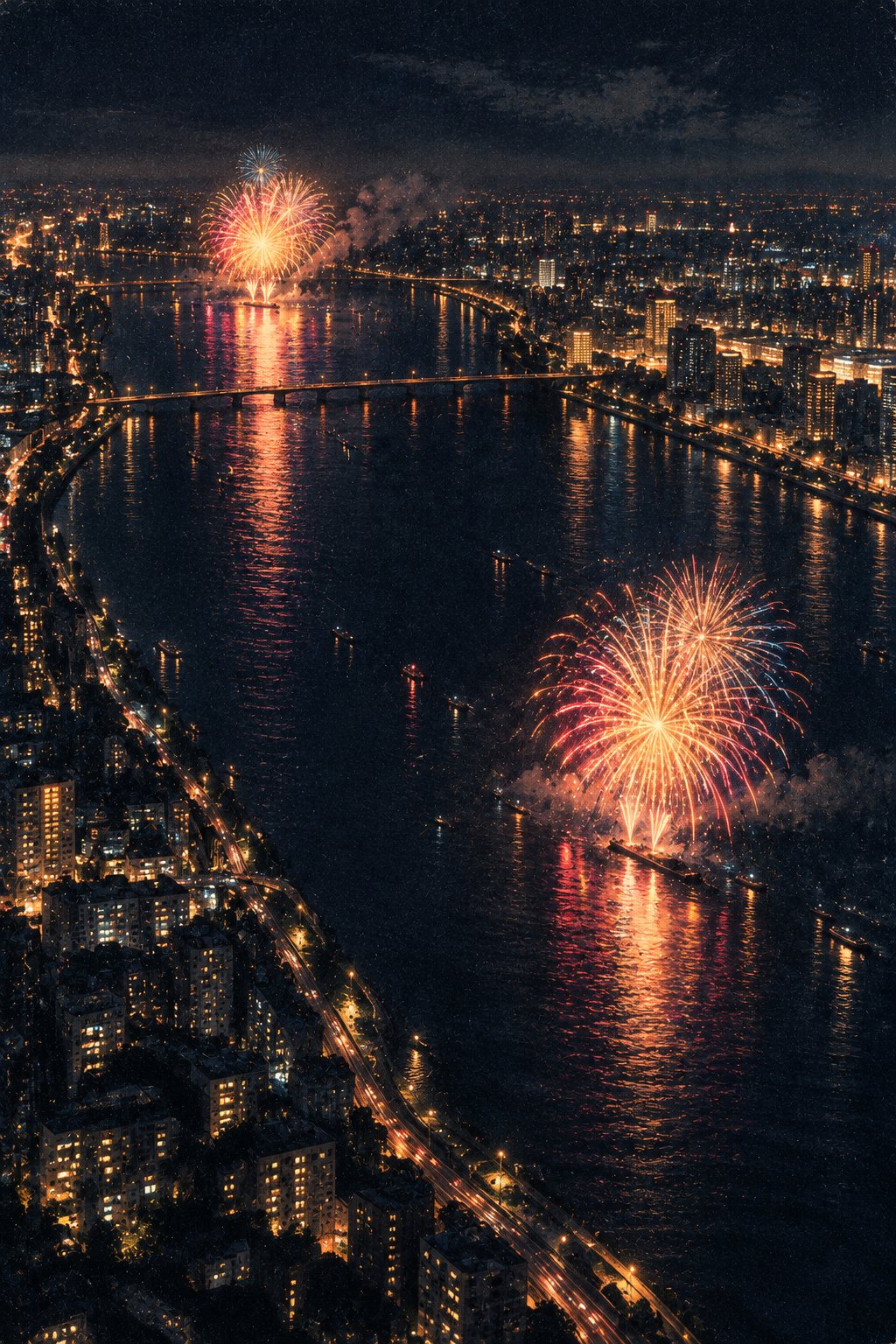 高い所から見下ろした夜の川。川に沿って、離れた2か所に花火を打ち上げる船の灯りが並ぶ。両岸の街の灯り。