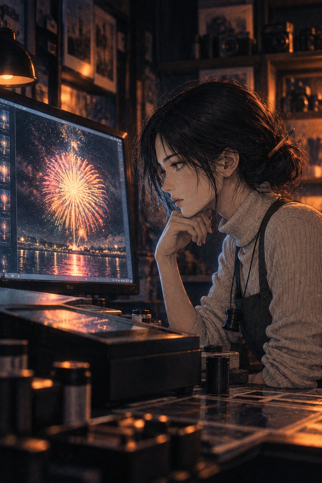 読み取りの機械の画面いっぱいに、写真を大きく映した所。暗い店の中で、画面の光が店主の横顔を照らす。