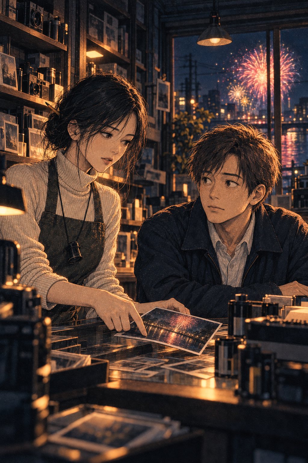 カウンター越しに向き合う2人。写真を指さす店主と、目を見開く若い男性。