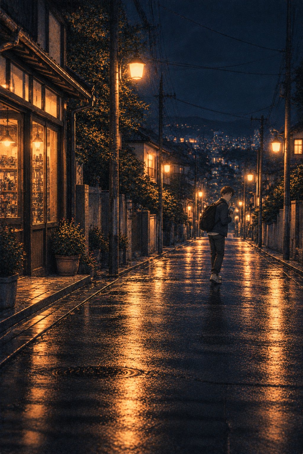 夜の店の前の通り。写真を胸に抱えて歩き出す若い男性の後ろ姿。少しだけ振り返って頭を下げる。街灯と光のにじみ。
