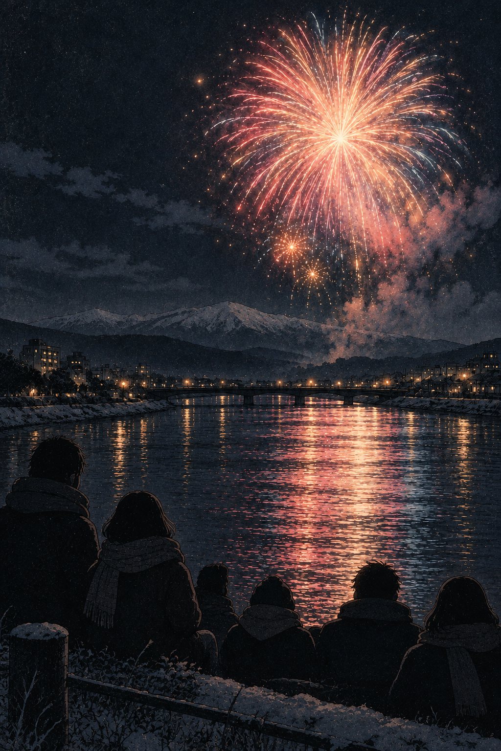 古い写真。夜の川の上に開いた花火。その奥に、雪をかぶった山の尾根の線がうっすらと白く浮かぶ。手前に、コートとマフラーの人たちの黒い後ろ姿。フィルムの粒子。