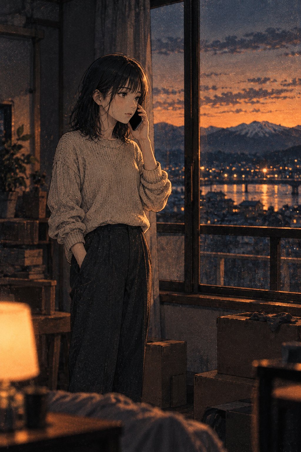 夕方のワンルームの窓辺。遠くの山が見える部屋で、スマホを耳に当てて話す若い女性。部屋に段ボールが少し残っている。