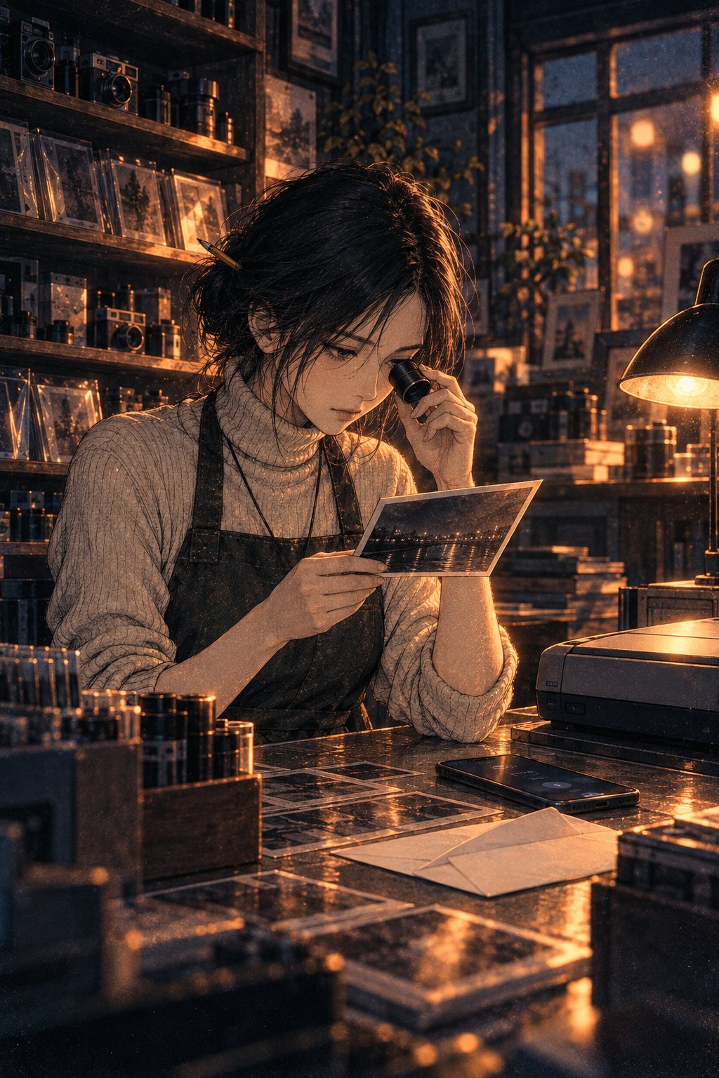 カウンターで、封筒から出した写真をルーペで見る店主。スマホをスピーカーにして横に置いている。