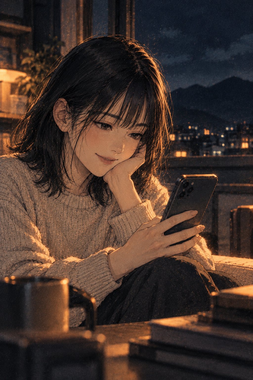 夜のワンルームの窓辺。スマホの画面を見て、ほっとしたように笑う若い女性。窓の外に暗い山の線。