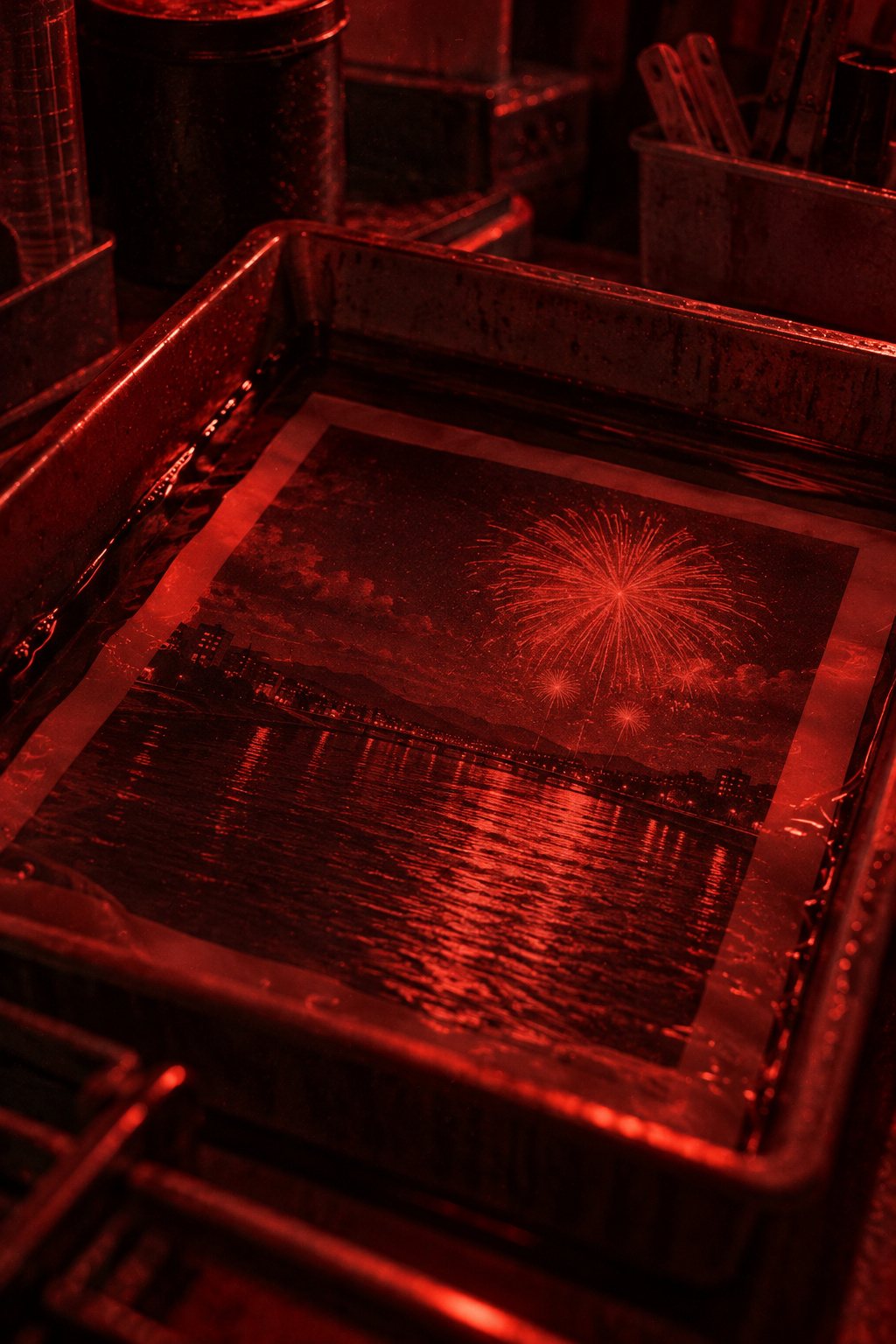 赤い灯だけの暗室。現像の液の皿に沈んだ印画紙に、像が浮かび始めている。全体が赤い一色。