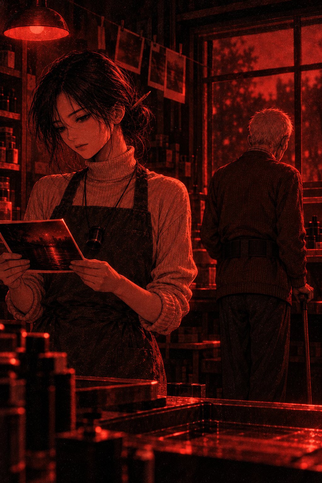 暗室の窓ぎわで、背を向けて立つ老人。その後ろで、乾かした写真を手に持つ店主。