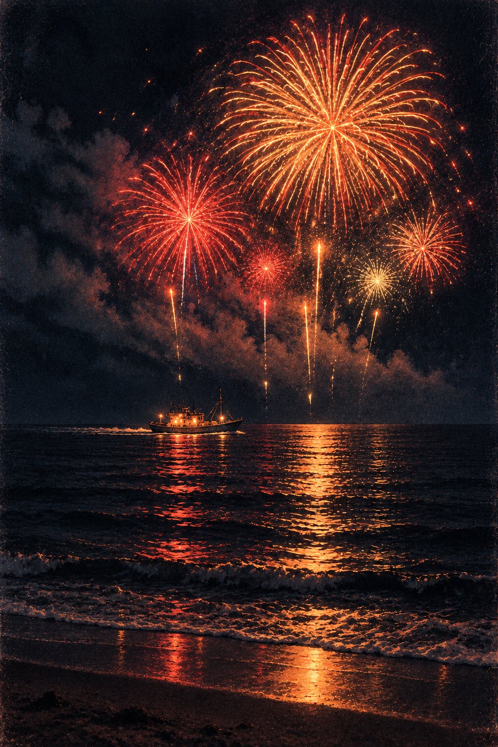 岸から海の方を見た絵。暗い海の上に開いた花火と、その下を横切る小さな船の灯り。