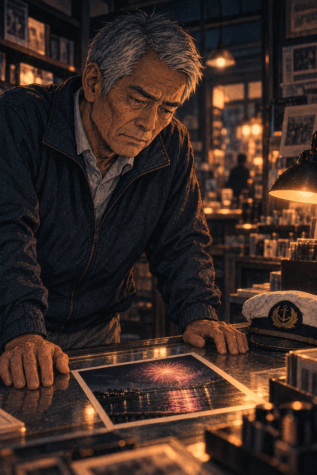 カウンターに両手をついて、写真を見下ろす年配の男性の寄り。目が少しうるんでいる。