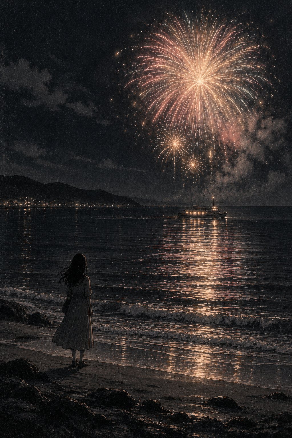 色の抜けた古い記憶の絵。夜の岸に1人で立つ若い女性の小さな後ろ姿。海の上に開いた花火と、その下を横切る船の灯り。
