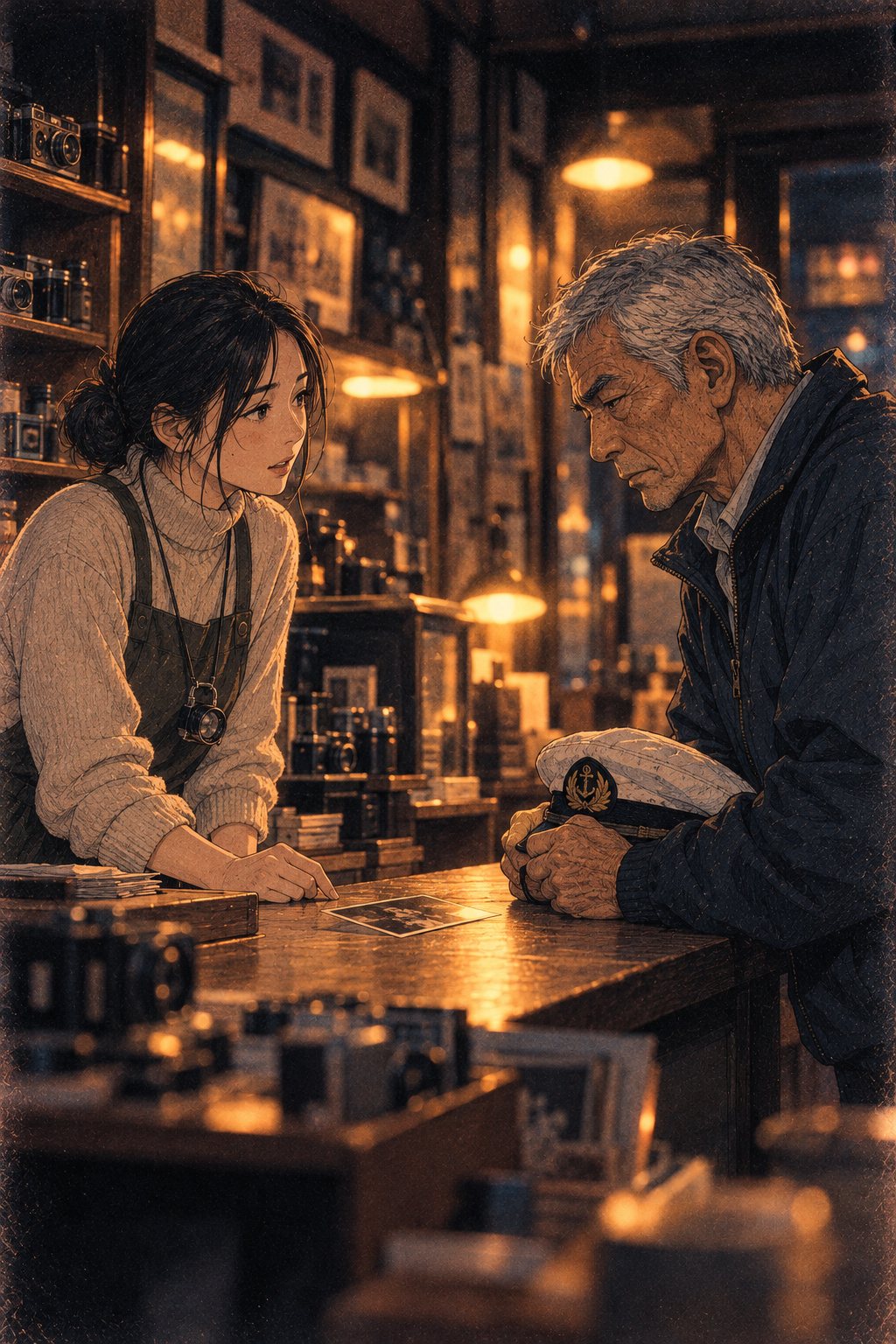 カウンター越しに向き合う2人。静かに話す店主と、帽子を握りしめる年配の男性。