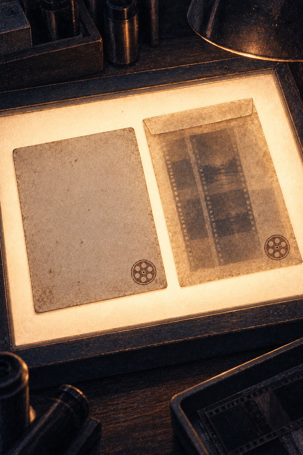 ライトボックスの上に並べた、神戸の写真の裏と、古いネガの袋。袋の隅にも、同じ丸い刻印。