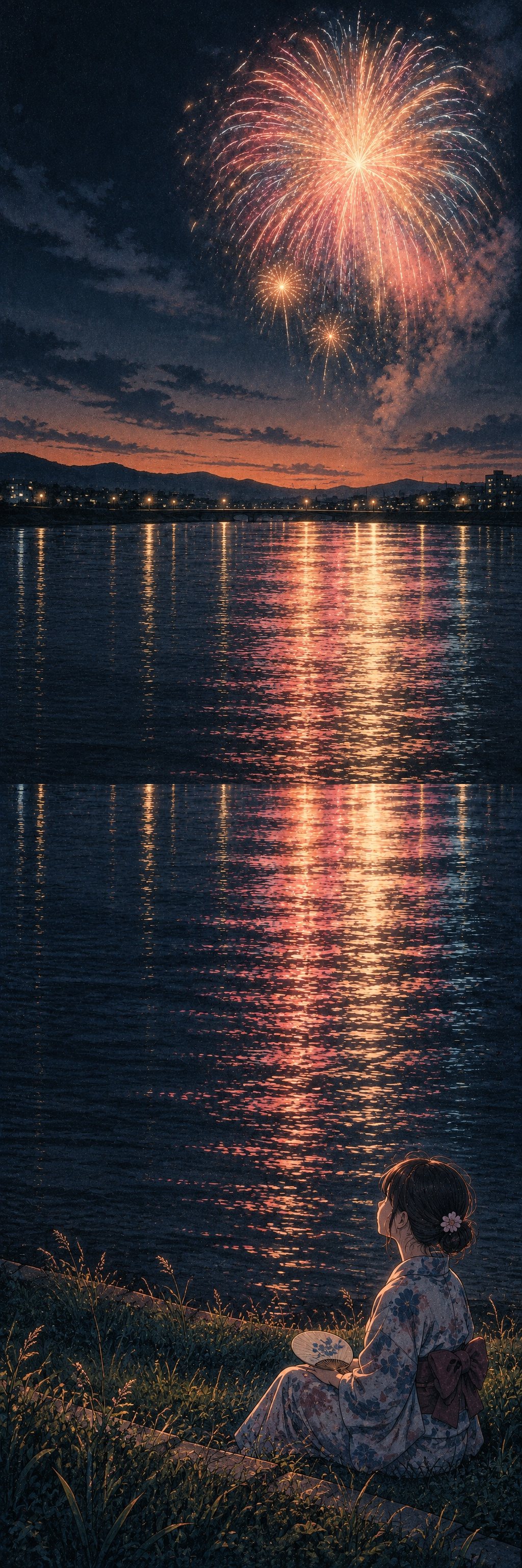 縦に長い古い写真。上に、低い所がまだ少し明るい夕方の空に、大きく開いた花火。真ん中に、花火の光が映って揺れる広い川。下に、川べりの草の斜面に座る浴衣の若い女性の横顔と、膝の上のうちわ。フィルムの粒子と光のにじみ。