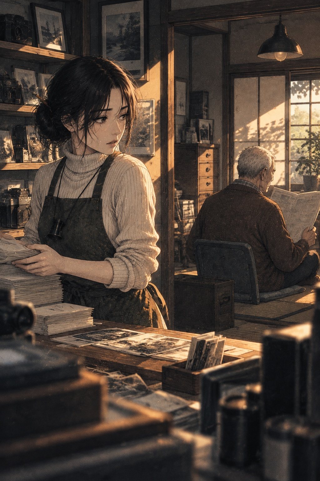 朝の写真店。カウンターで写真の袋を整えながら、肩越しに店の奥を振り返る遥(画面の左)。奥の畳の部屋で、背を向けて新聞を広げる祖父(画面の右の奥)。窓の朝の光。