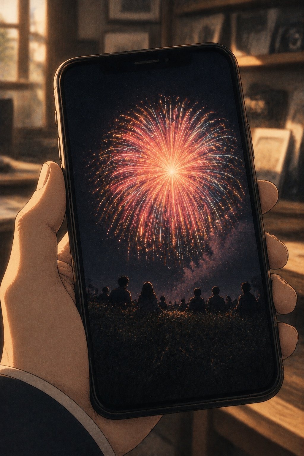 男の子の手に持ったスマホの画面。今年の夏に撮った花火の写真。開いた花火の下は、暗い草の河川敷と、見物の人の頭の影だけで、川は写っていない。空は真っ暗。