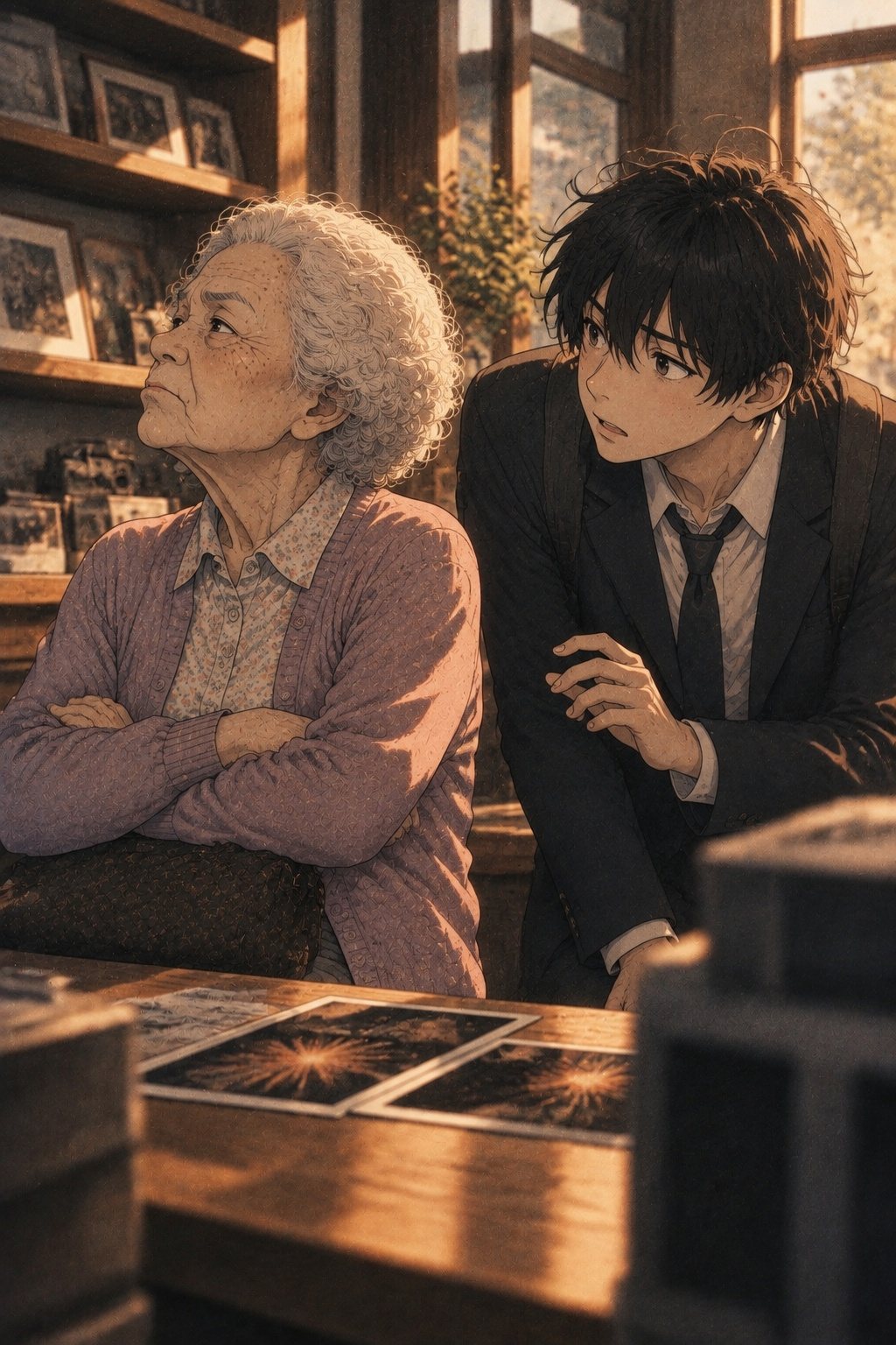 腕を組んで顔をそむける年配の女性(画面の左)。その横で、困った顔で祖母をのぞき込む男の子(画面の右)。