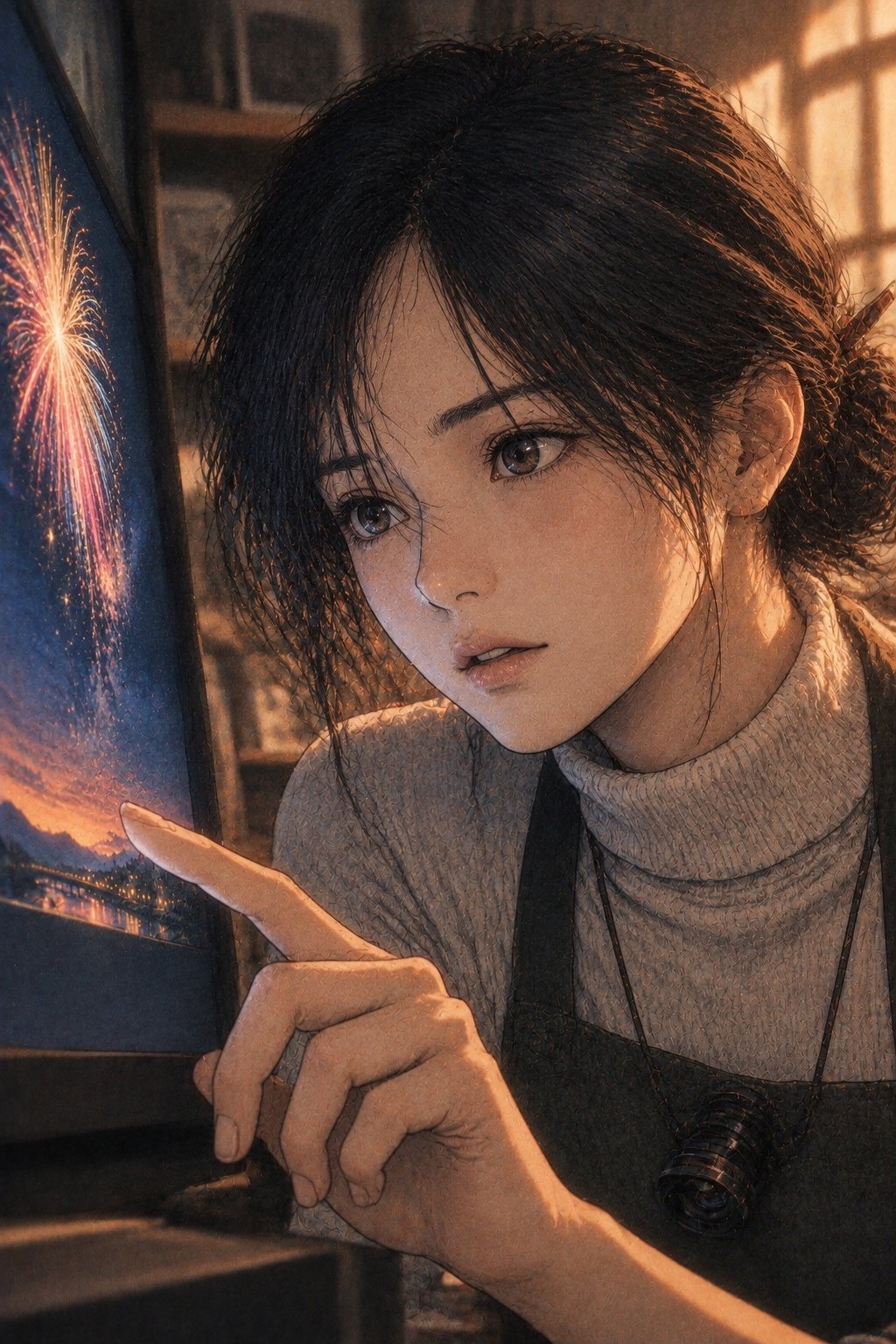 画面の光に照らされた遥の顔の寄り。目を見開き、片手の指先で画面の空の低い所をなぞる。