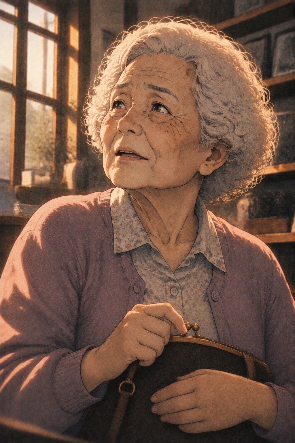 年配の女性の顔の寄り。組んでいた腕がほどけ、口が少し開き、目が遠くを見る。ハンドバッグの留め金に、曲げた指を掛けている。