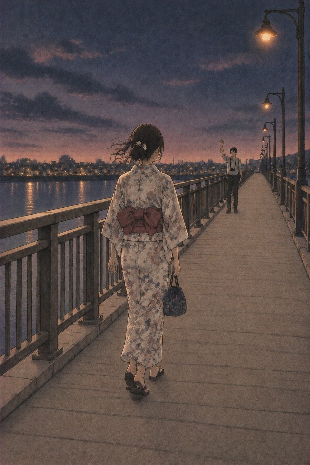 色の抜けた古い記憶の絵。夕暮れの長い川の橋を、浴衣で歩いて渡る若い女性の後ろ姿。橋の向こうの端で、首からカメラを下げた若い男性が片手を上げて待っている。