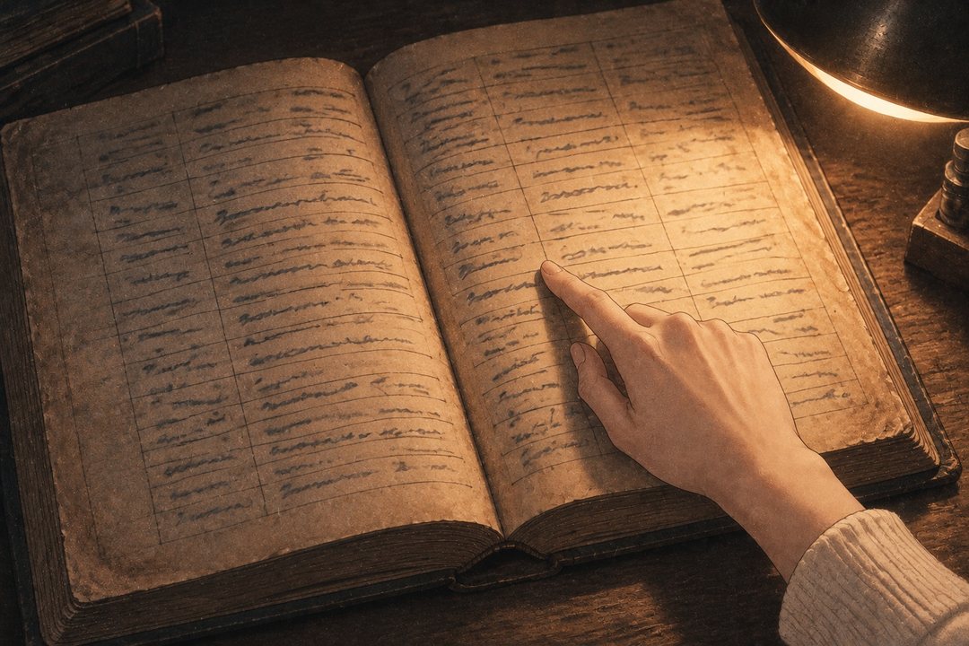 開いた古い帳面の頁の寄り。かすれた手書きの行が並ぶ(字は読めない)。1つの行の上で、遥の指先が止まる。