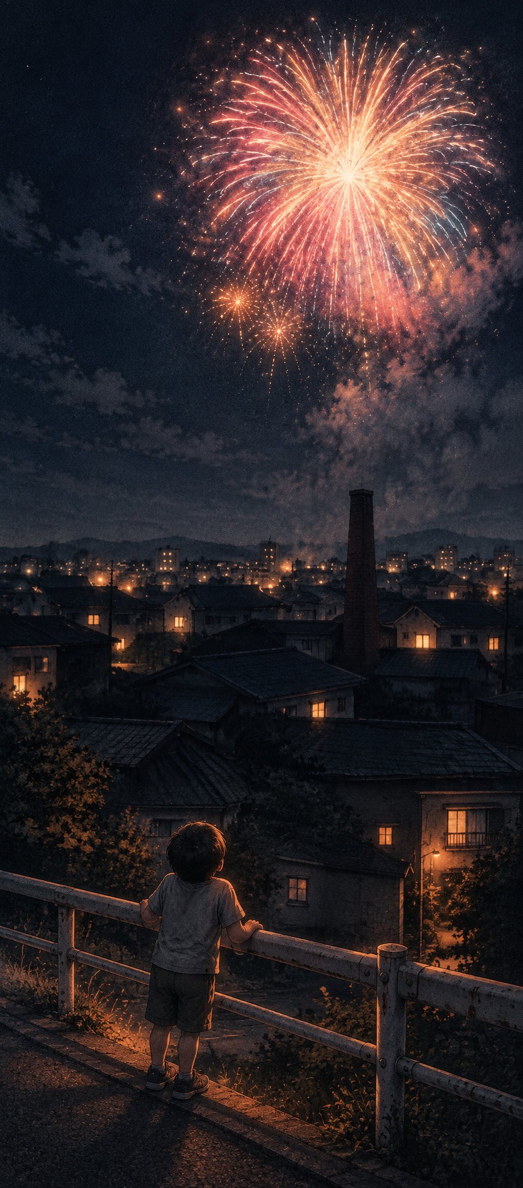 縦に長いスマホの動画の一コマ。上に、夏の夜空に開いた大きな花火。真ん中に、夜の家々の屋根の並びと、暗い色の古い窯の四角い煙突が1本。下に、坂の途中の道の柵と、柵につかまって空を見上げる小さな男の子の後ろ姿。少しぶれた動画の粒。