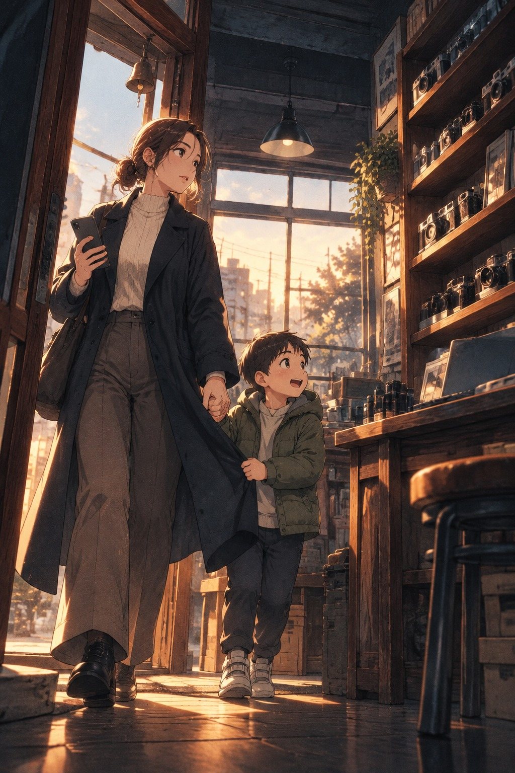 店の入口。スマホを手にした30代の女性(画面の左)が、5歳くらいの男の子(画面の右)と手をつないで入ってくる。男の子は女性を見上げて話しかけている。戸の上に鈴。