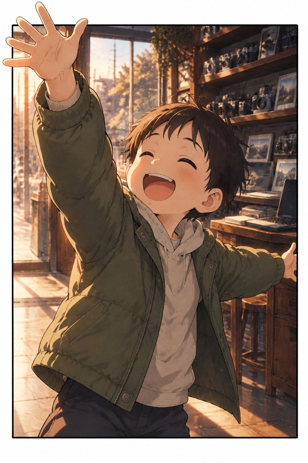 男の子の寄り。両手を大きく広げ、目を細めて口を大きく開けて笑う。左手が絵の枠の上を越える。