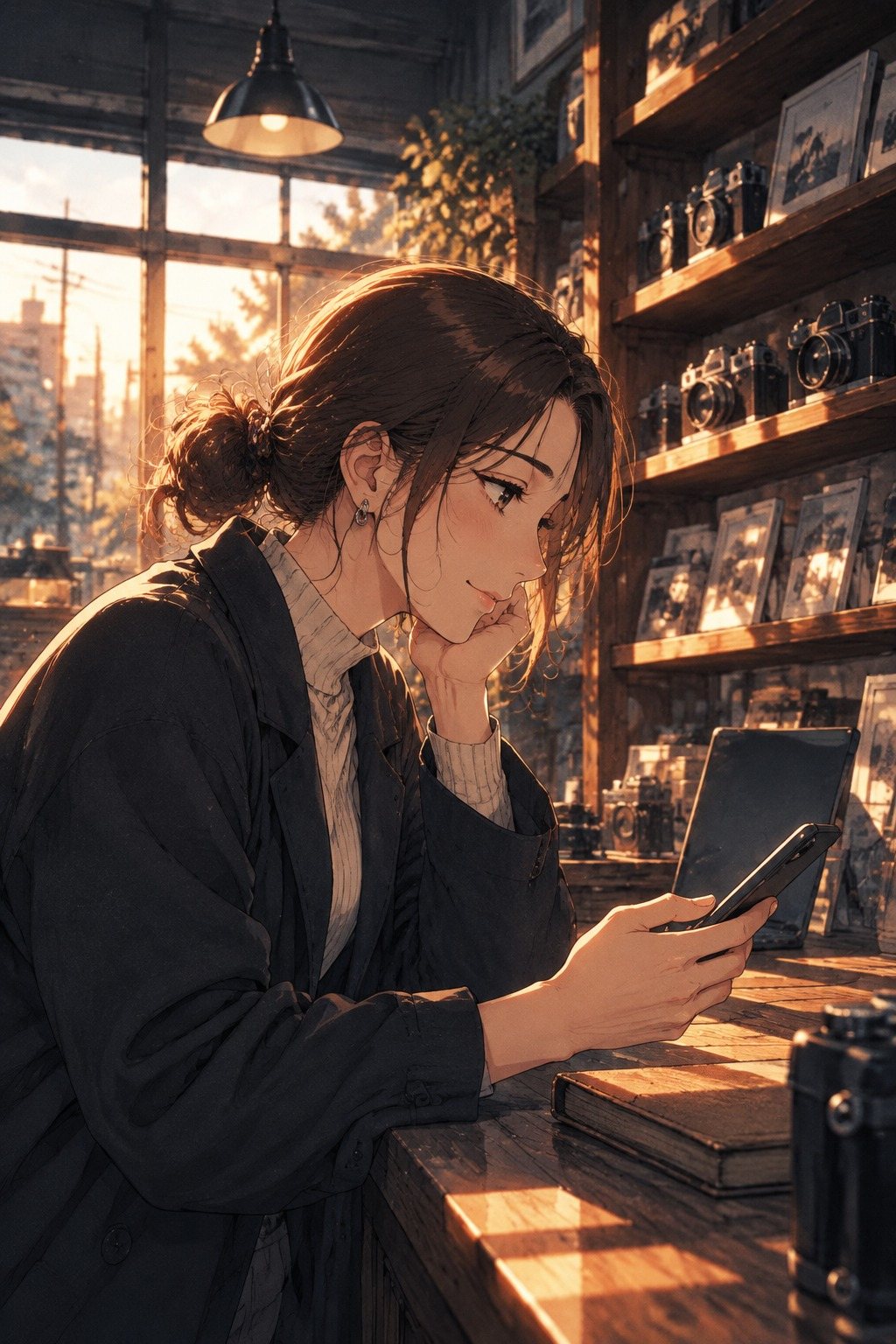女性の横顔の寄り。手に持ったスマホの画面を見て、懐かしそうに少し笑う。