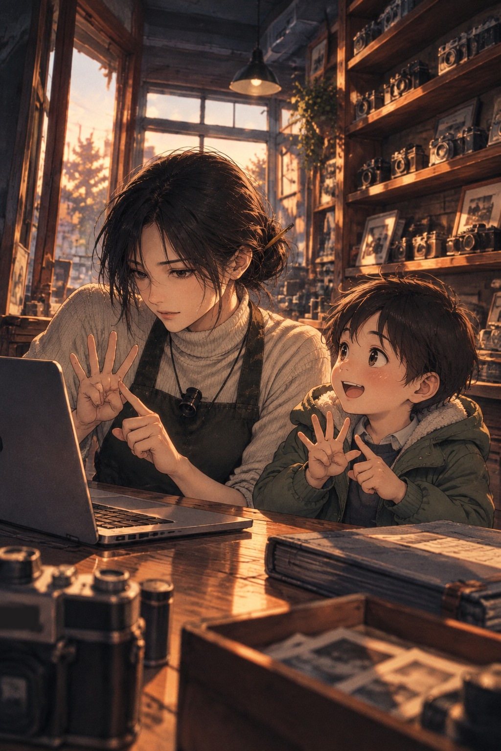 カウンターのノートパソコンの前で、指を折って数える遥(画面の左)。横で男の子(画面の右)がまねをして指を折り、楽しそうに笑っている。