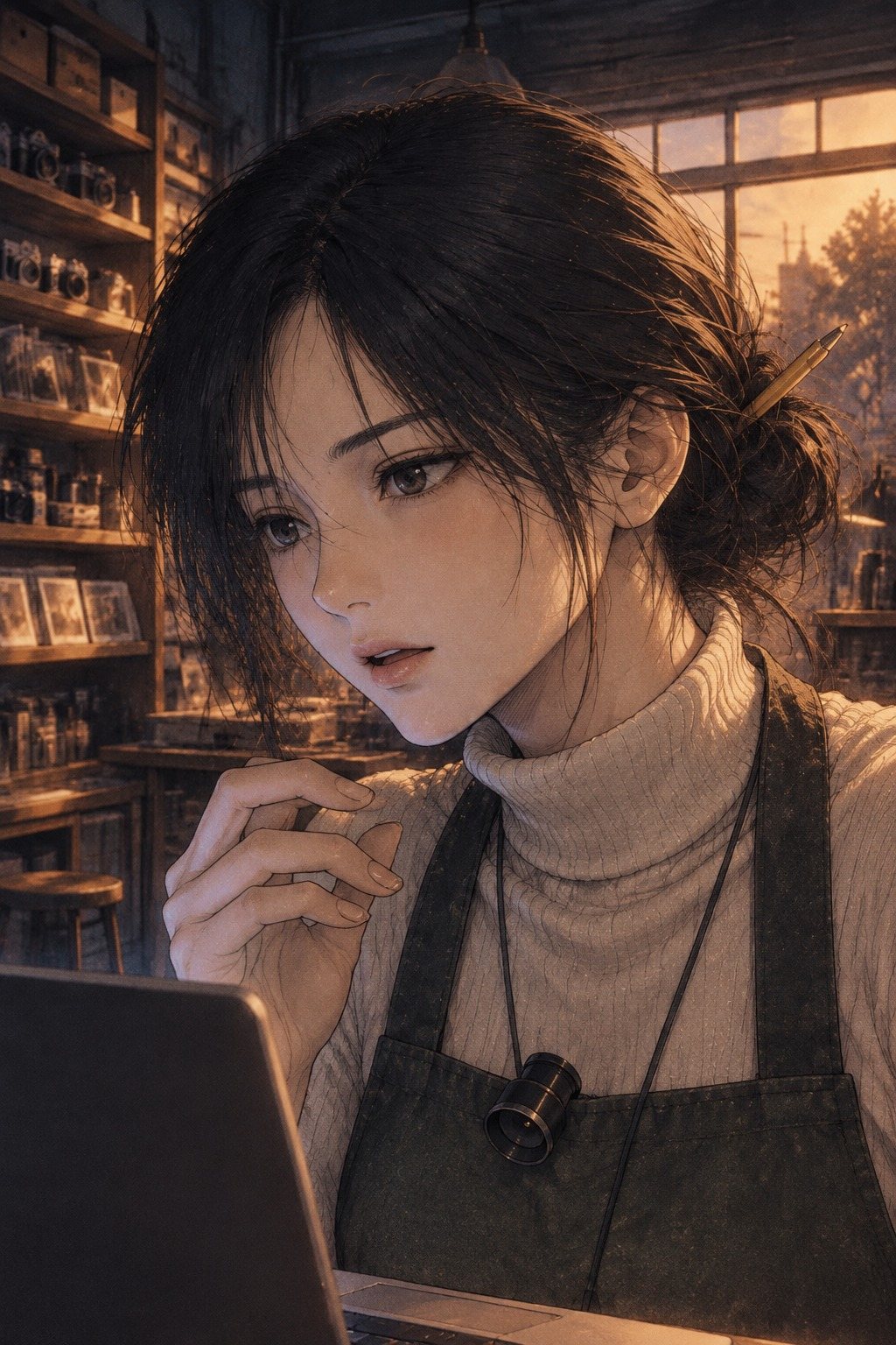 遥の顔の寄り。折った指を止めて、画面を見たまま何かに気づく顔。パソコンの青白い光が頬に当たる。