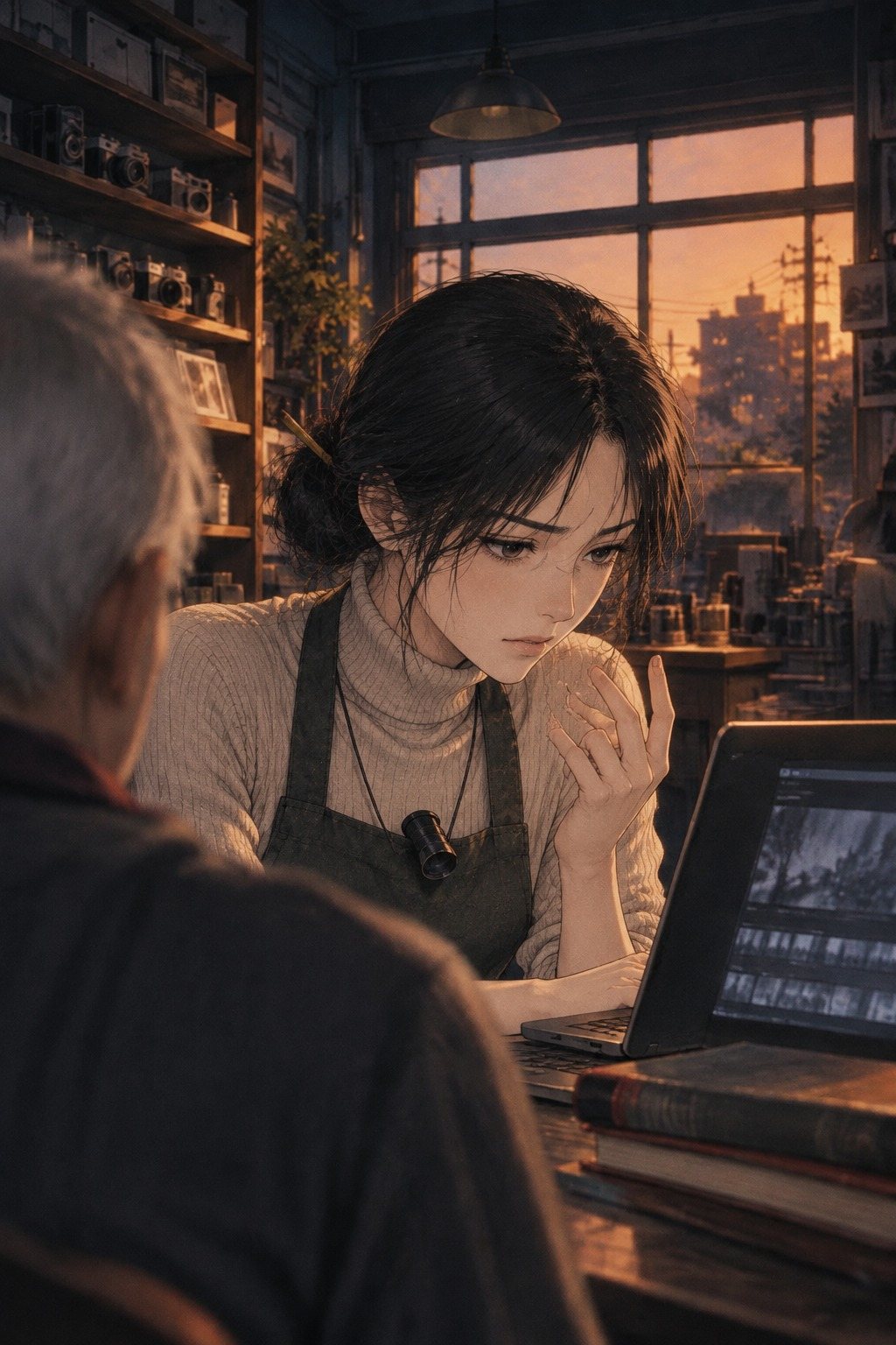 祖父の肩越しに、ノートパソコンをのぞき込む遥。口元で指を折りながら、口を結んで数えている。画面は光と線だけ。