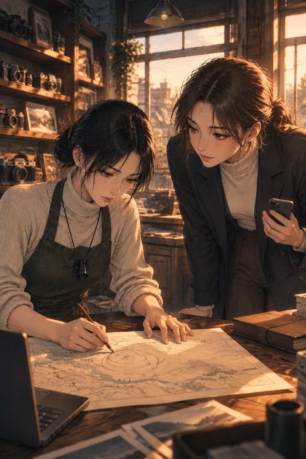 カウンターの地図を挟む2人。遥が鉛筆で地図の丸い線をなぞり、女性がスマホを手に身を乗り出してのぞく。地図に字は無い。