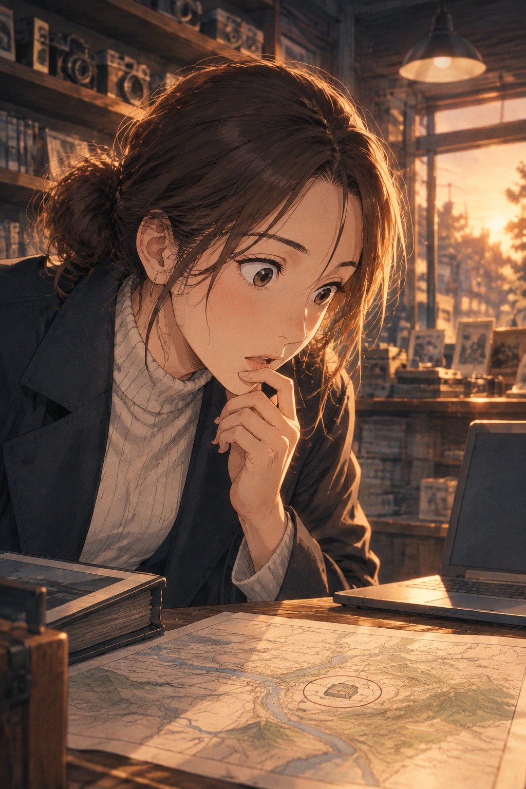 女性の顔の寄り。手前の地図の、丸で囲んだ煙突の印を見つめ、口元に指を当てて目を見開く。