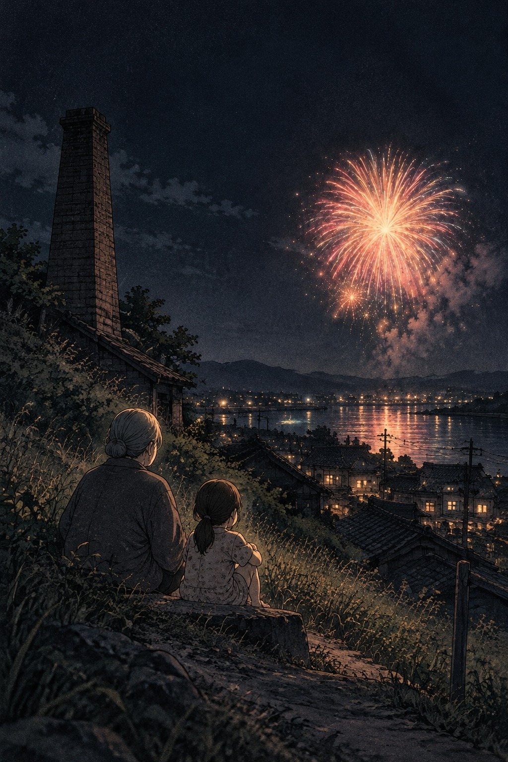 暗い色の記憶の絵。夜の坂の上、古い窯の煙突の横で、小さな女の子と祖母が座った後ろ姿で遠くの花火を見上げる。顔は写らない。