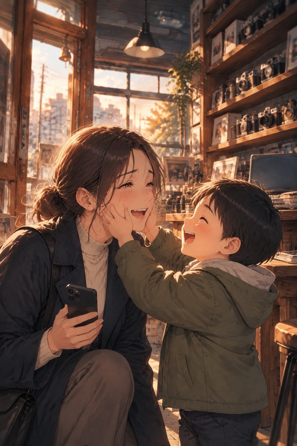 女性がしゃがんで、男の子と目の高さを合わせる。男の子が女性の頬を両手ではさみ、笑っている。女性は目のふちを赤くして笑い返す。