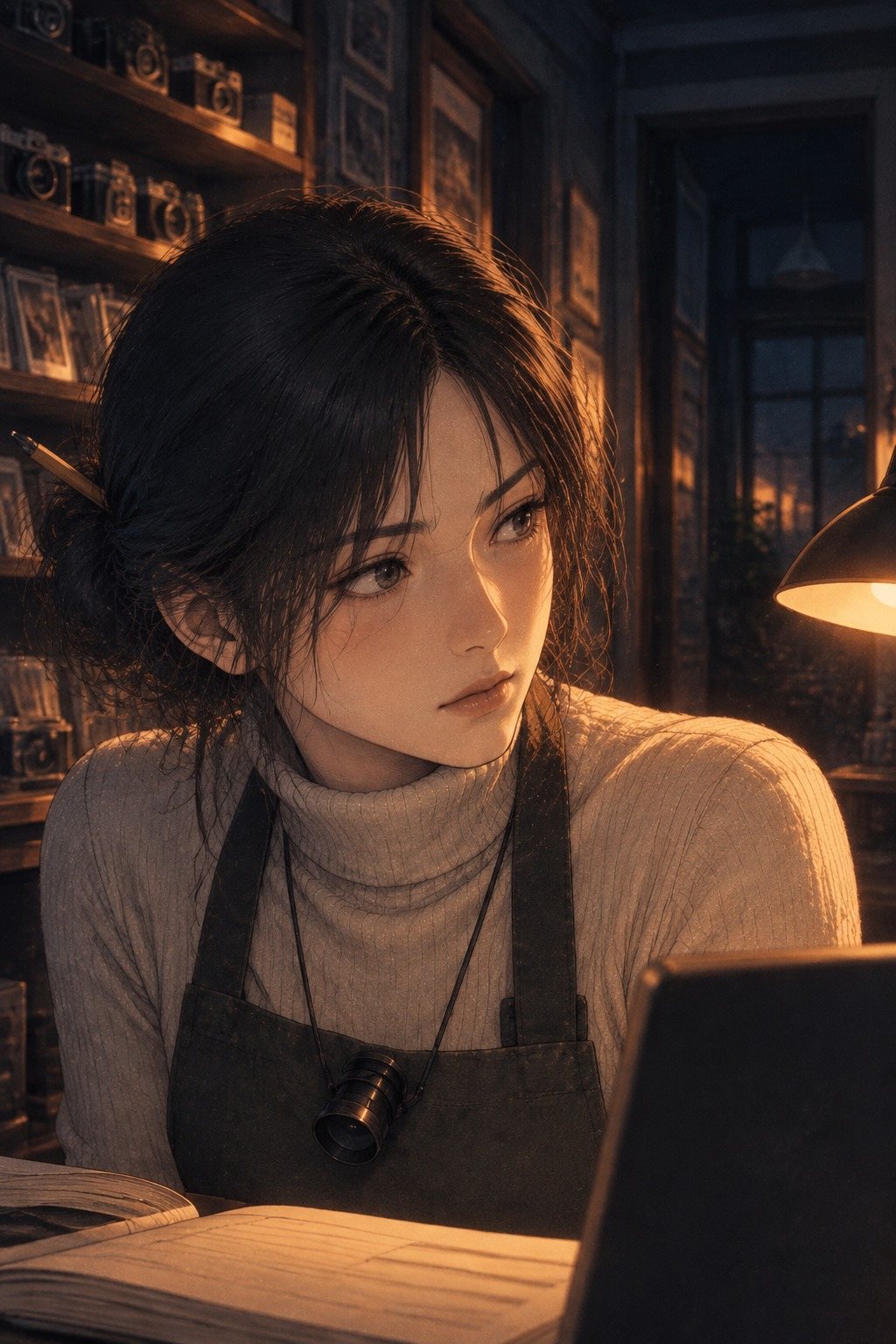 遥の顔の寄り。ランプの光の中で帳面から目を上げ、奥の暗がりの祖父を見る。