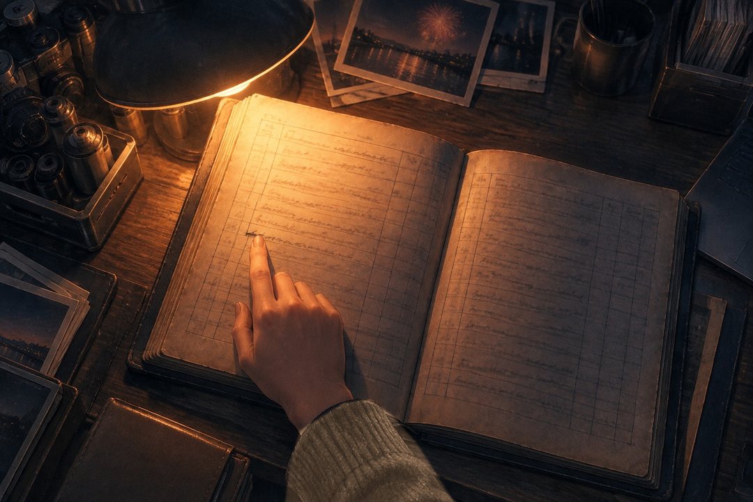 開いた古い帳面の頁の寄り。かすれた手書きの行が並ぶ(字は読めない)。1つの行の頭に、ほかより濃い字の印。遥の指先がその行で止まる。